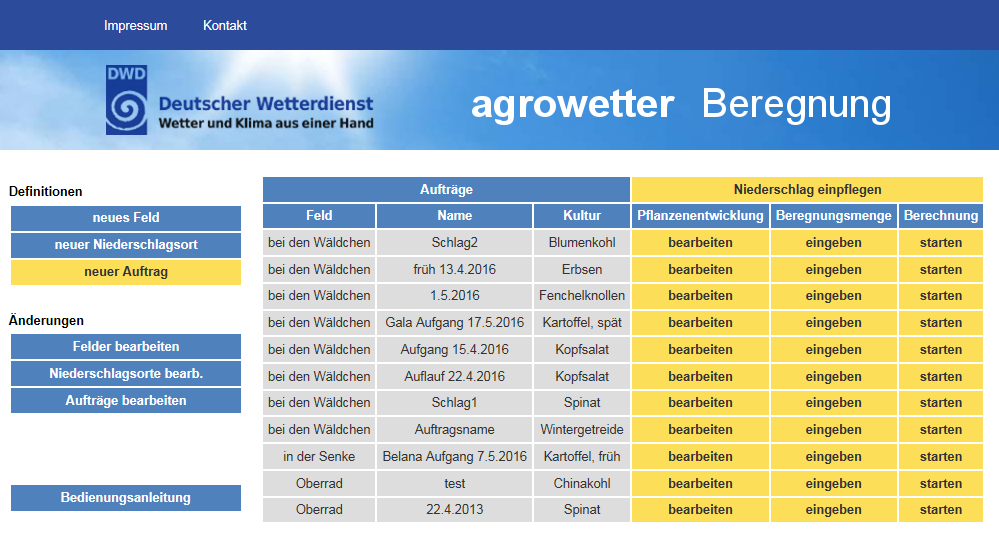 Beispiel 1 für agrowetter Beregnung